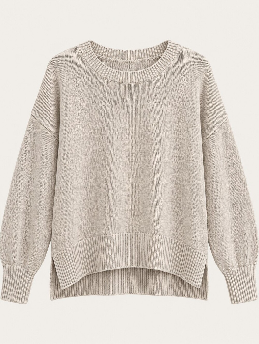 Classic Crewneck 100% Cotton Knit Sweater - Light Taupe
